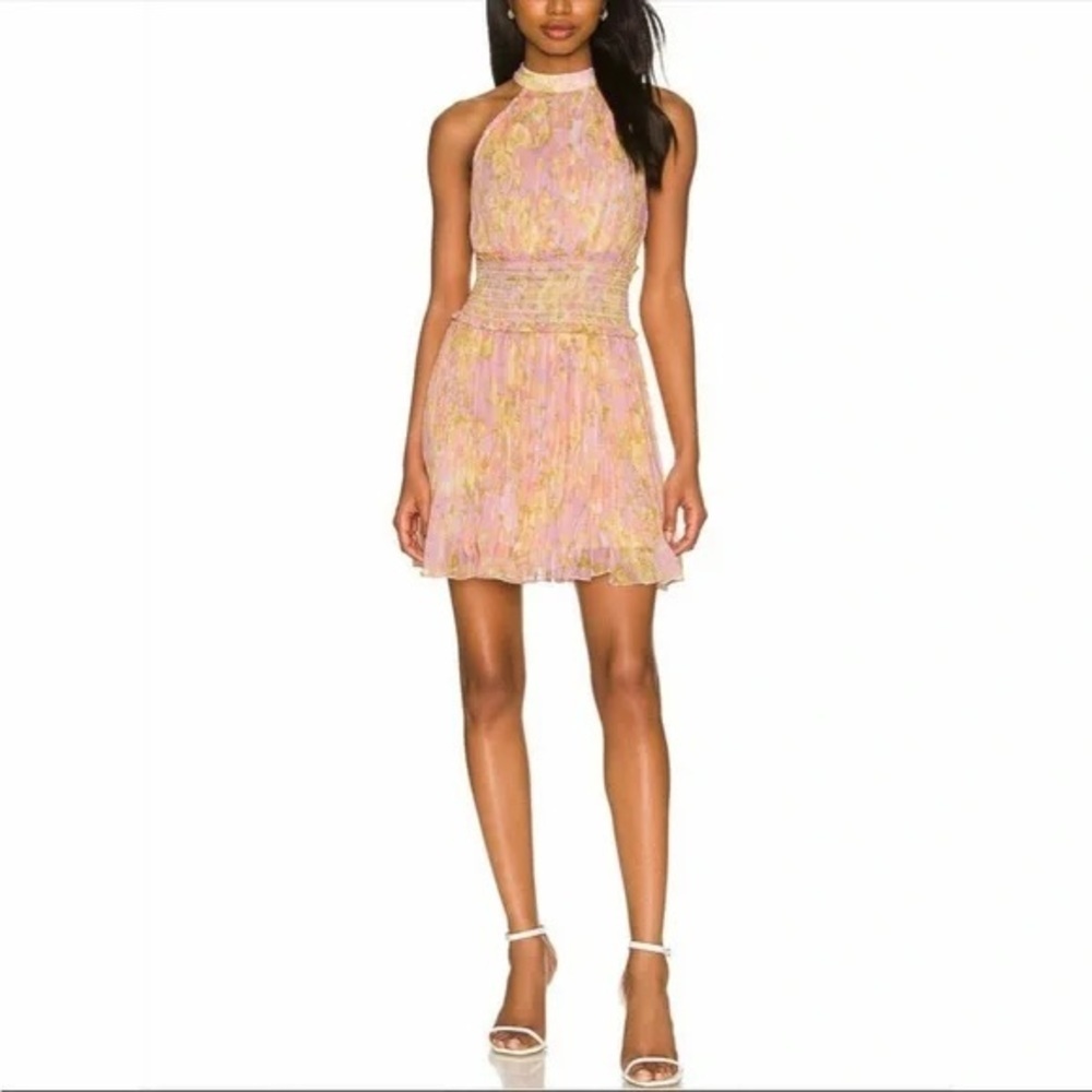 Rococo Sand Pleated Mini Dress Halter Neck Size M Floral Pastel